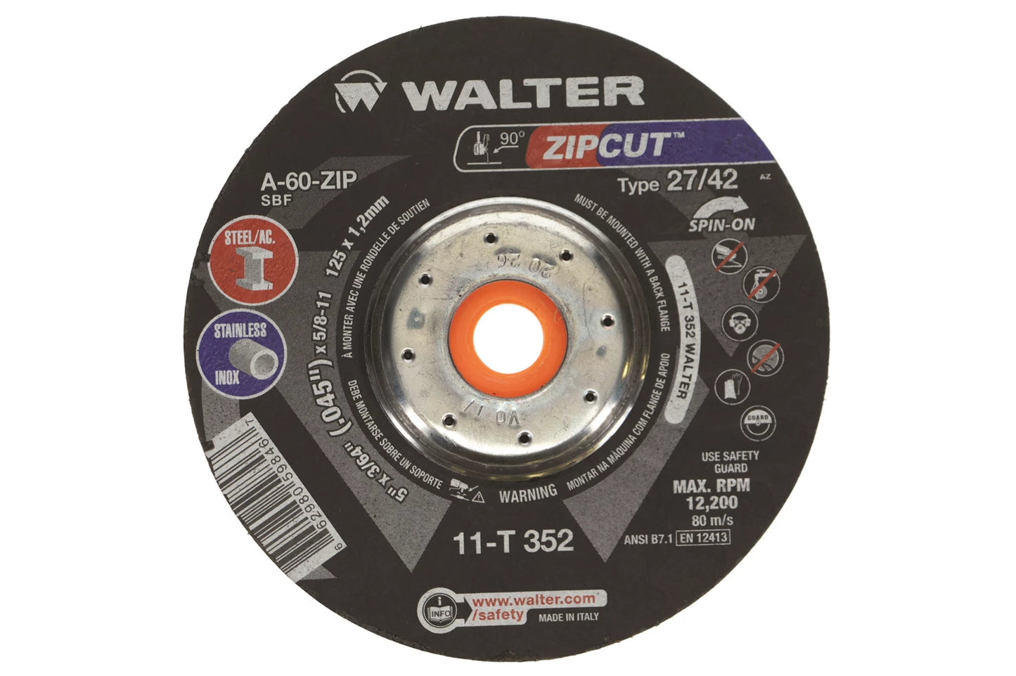 Meule à tronçonner Walter ZIPCUT 5 po x .045 x 5/8-11 pour acier et acier inoxydable (11-T352)